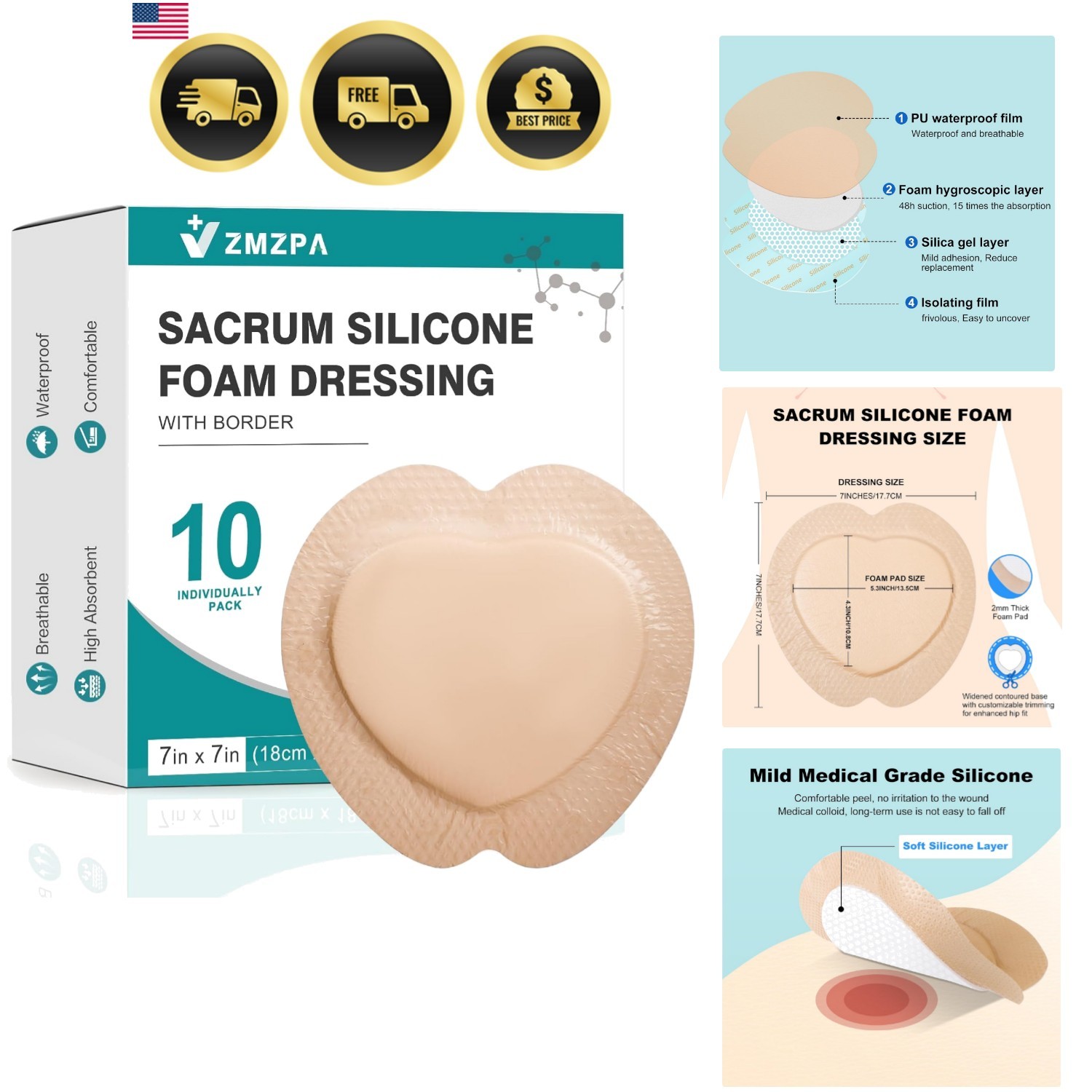 Sacral Foam Dressing, Sacrum Silicone Foam Dressing with Border, 7×7 Large Ba…
