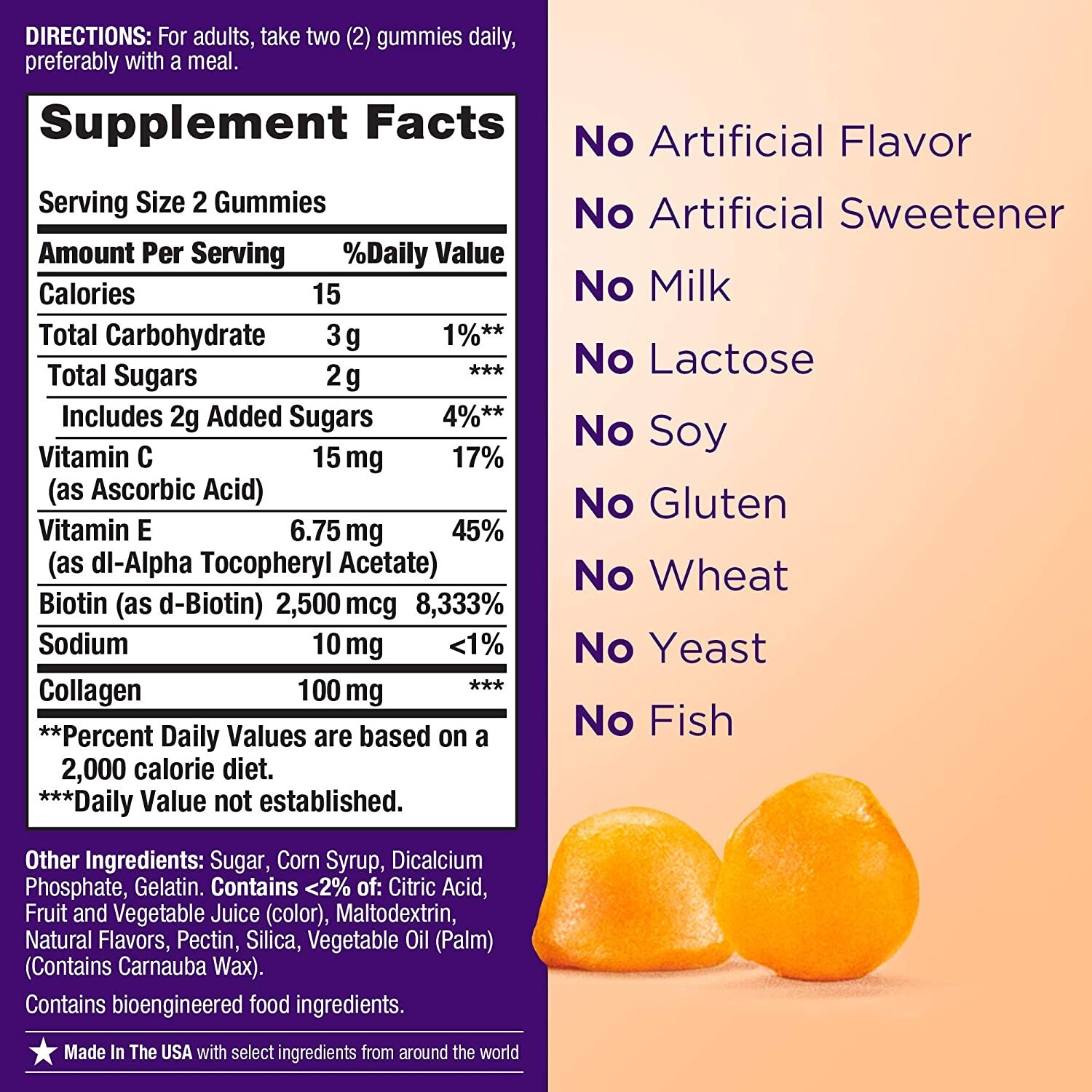 2 Pack Hair, Skin & Nails Gummies with Biotin & Collagen 160 Count (2×80) Orange