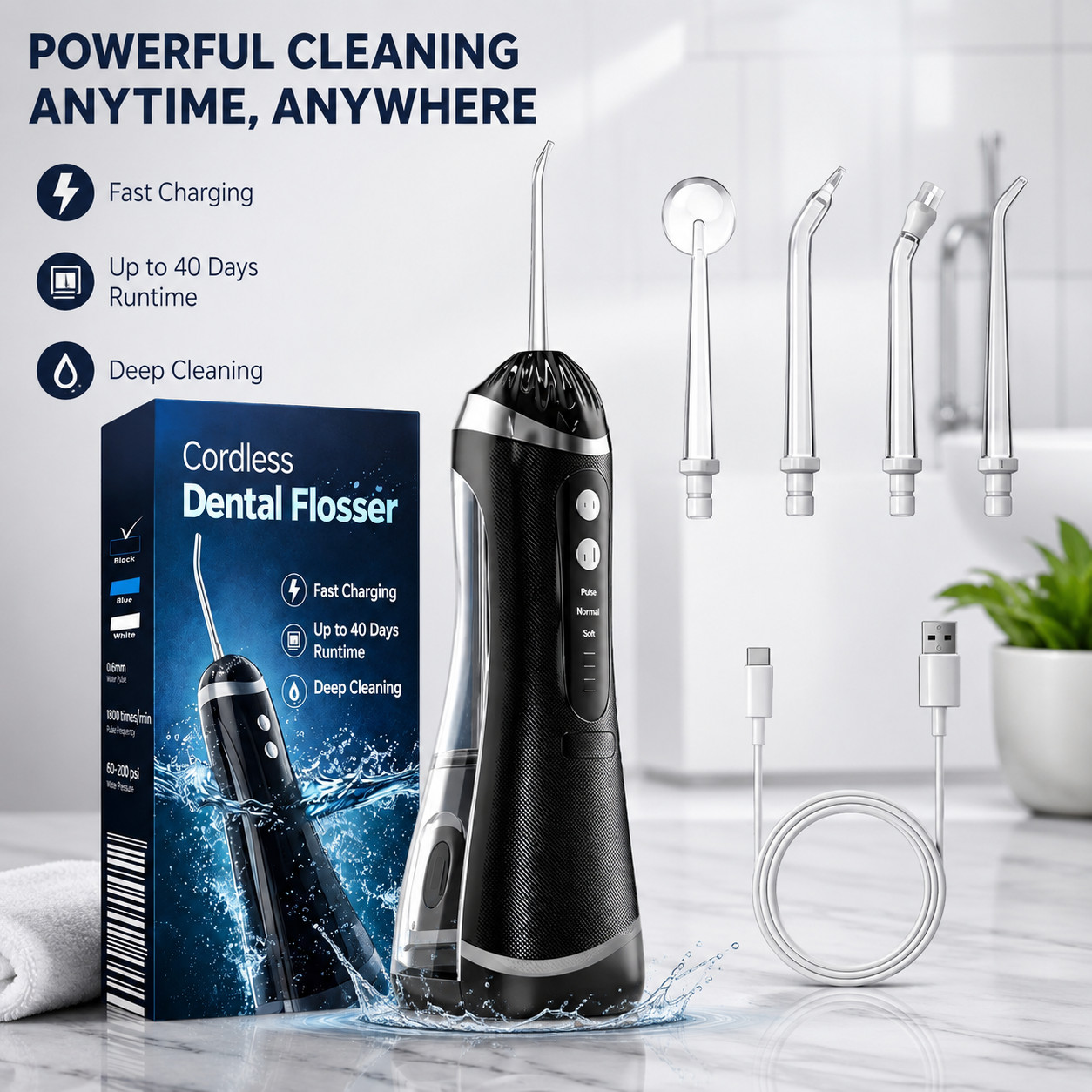 Cordless Water Dental Flosser Rechargeable Oral Irrigator With 3 Modes 300ml