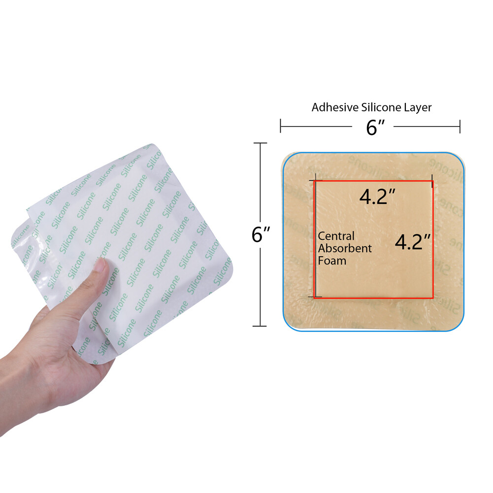 Adhesive Bordered Silicone Foam Dressing 6″X6″inch 5 DRESSINGS per BOX Dressings