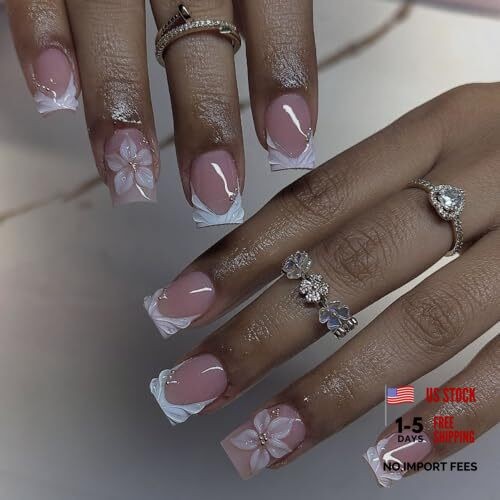 CTTHNBD Short Press on Nails Square – White French Tip Fake White Floral -1