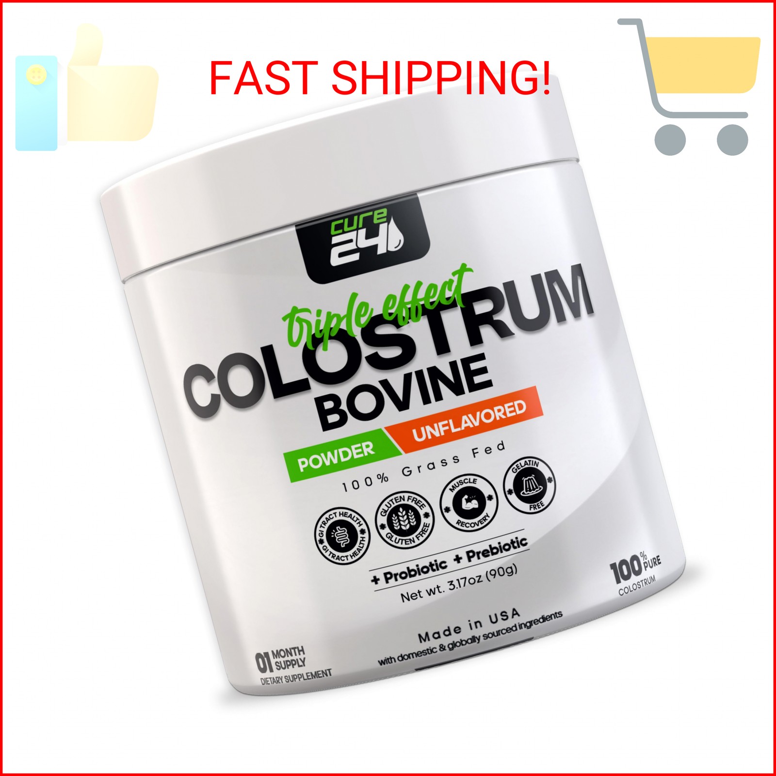 Cure24 Bovine Colostrum X3 Supplement Powder for Humans, 100% Pure Whole Natural