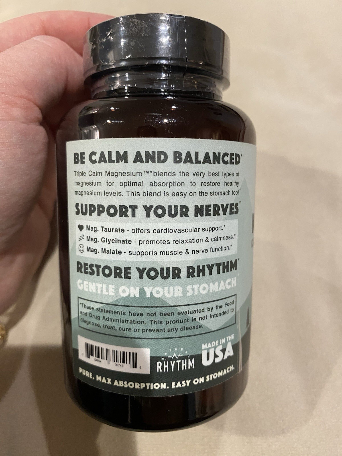 Triple Calm Magnesium, by Rhythm, 150mg of Taurate Glycinate & Malate,120 caps.