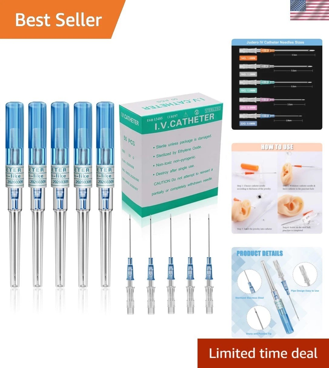 Professional 50Pcs 22G Stainless Steel Catheter Piercing Needles – Versatile Kit