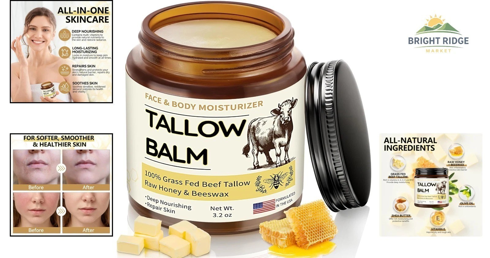 Moisturizing Tallow Balm for Face and Body, Enriched with Honey and Vitamins