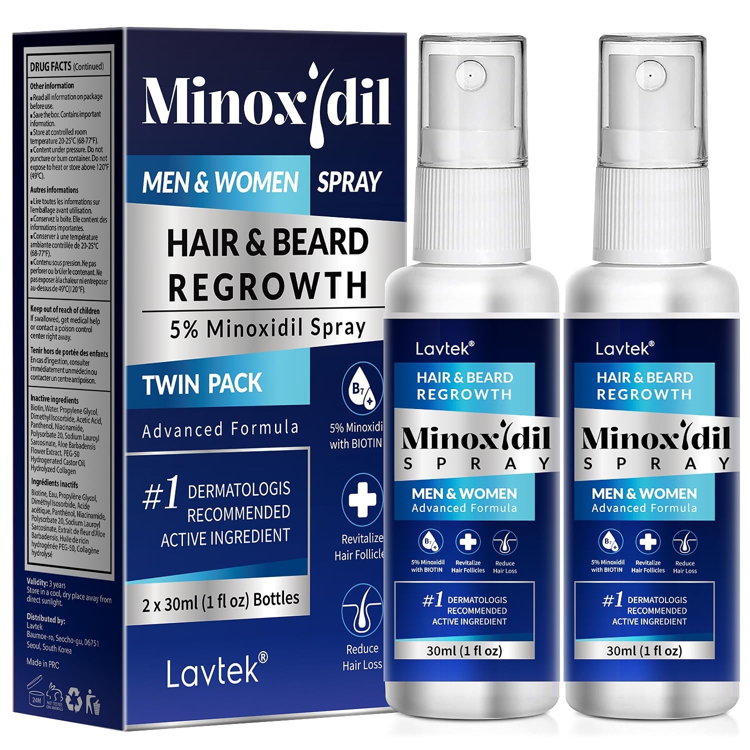 5% Minoxidil Hair Growth Spray Treatment for Men and Women Regrowth 2PCS