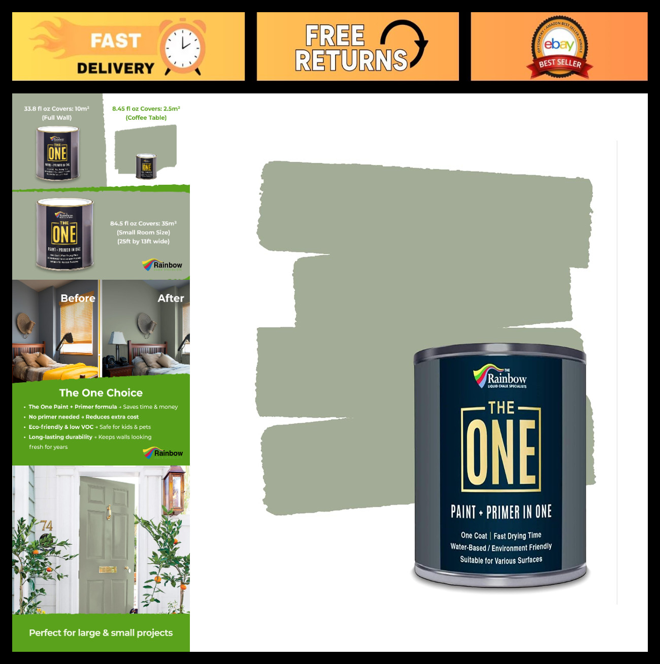 All-in-One Paint & Primer – Sage Green Satin, 8.5 Fl Oz | Easy 1 Coat Formula fo