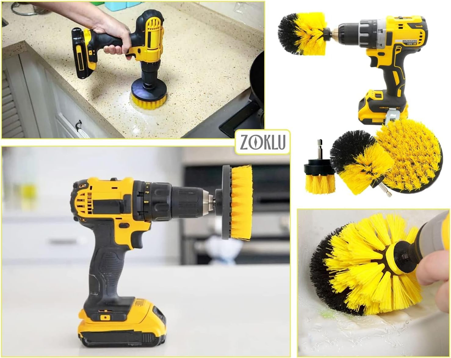Brush Attachment for Drill, 1/4 In Hex Shaft; Use on Car Detailing, Carpet,