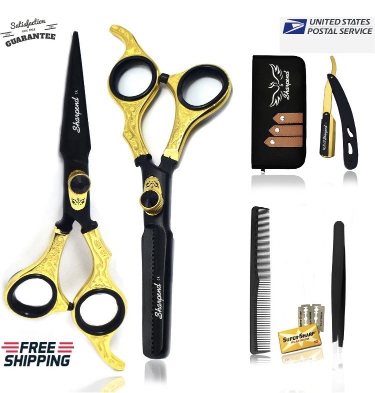 Sharpwind Hair Cutting & Thinning Shear Set 6in Black/Gold Adjustable Tension