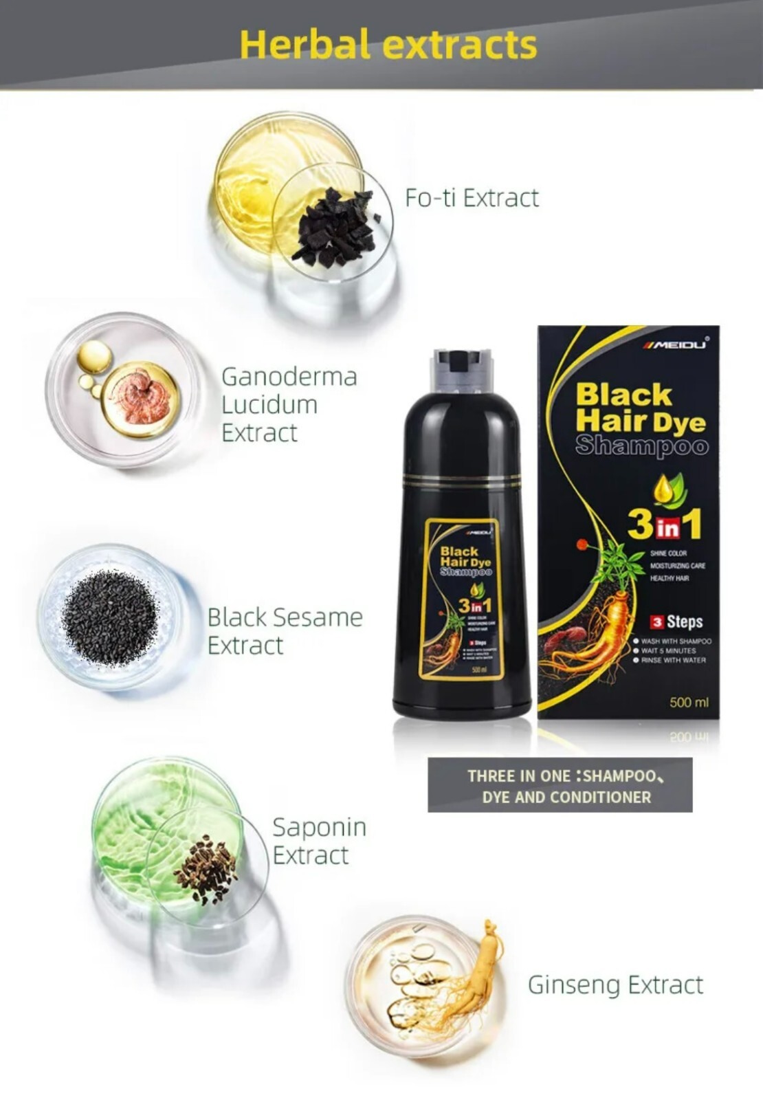 Black, Dark Brown Hair Dye Shampoo Instant 3 in 1 +100% Grey Coverage NEW SEALED