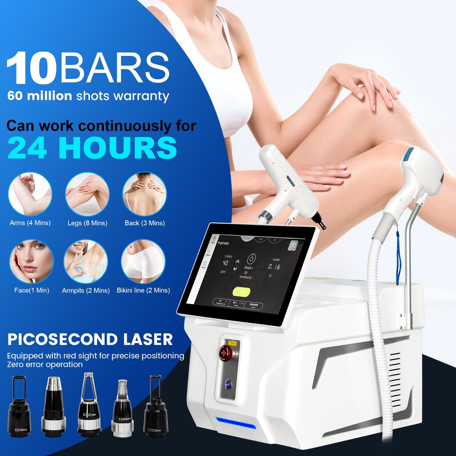 2 In 1 808nm Diode Laser Hair Removal & Pico Laser Tattoo removal Machine 10bar