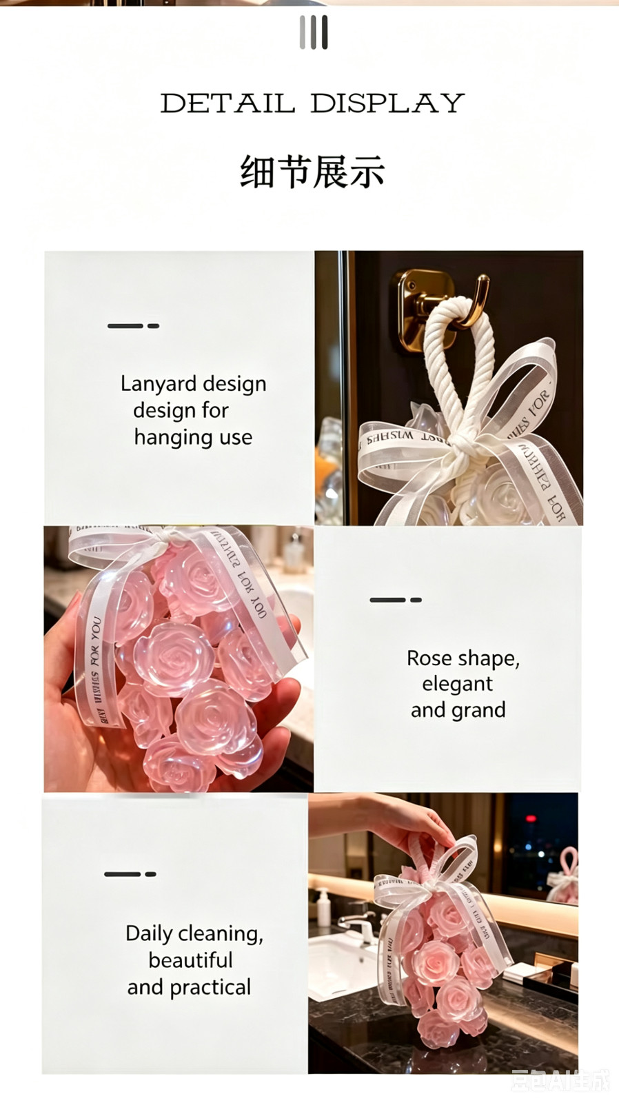 Hanging Crystal Rose Scented Soap Bar Gift Ornament, 220g Floral Fragrance Hand