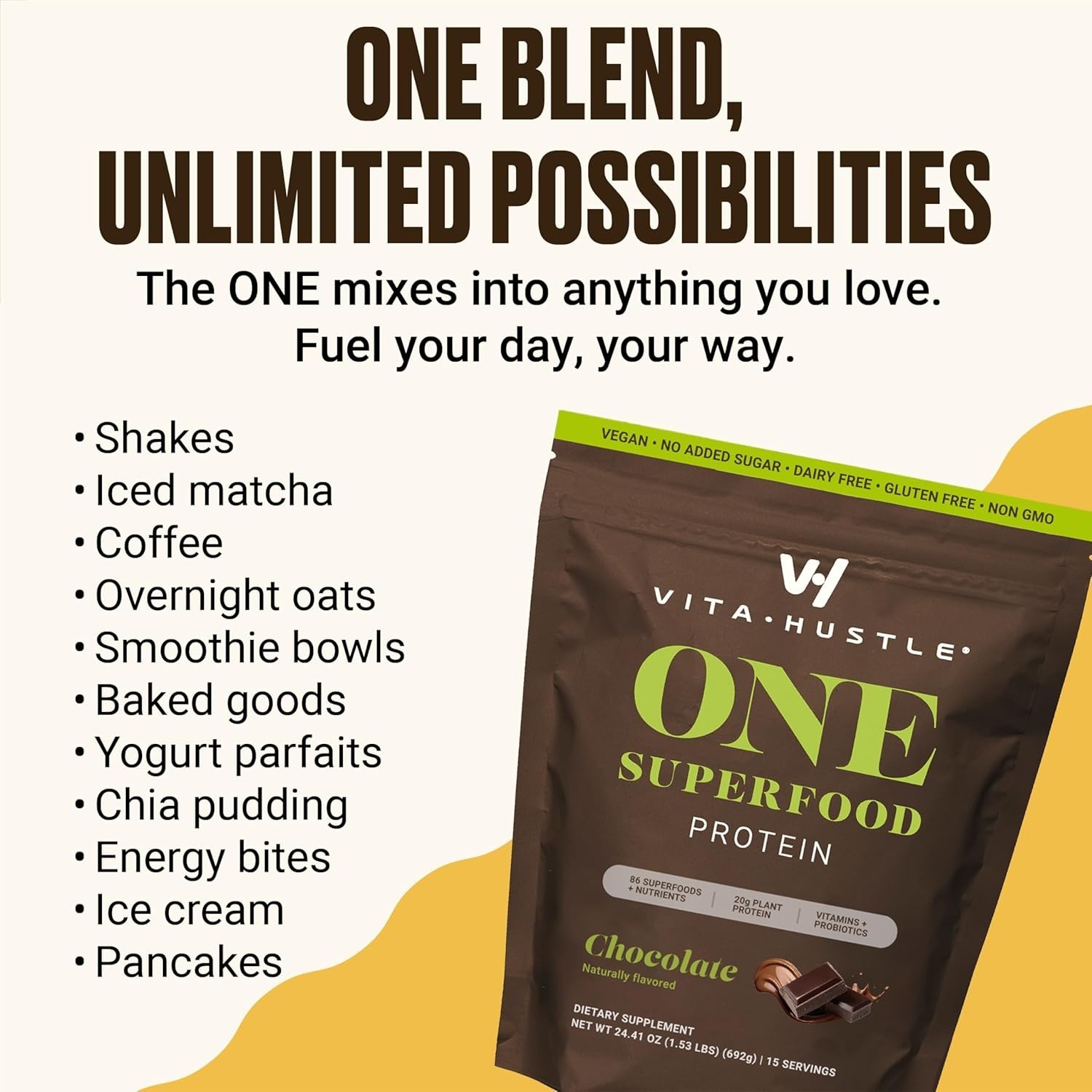 VitaHustle ONE Superfood Protein Powder Chocolate Protein 669G 1.47lb BBD 04/28