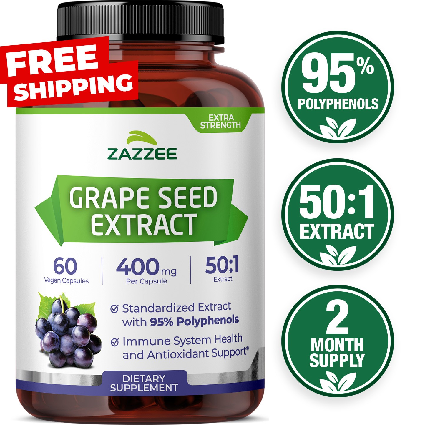 Zazzee High Strength Grape Seed 50:1 Extract, 60 Vegan Capsules, 95% Polyphenols