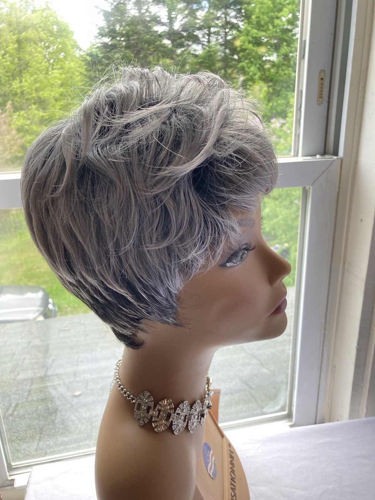 ANYTIME Austin Silver Gray Pixie Wig Rooted Synthetic Short Layered Style