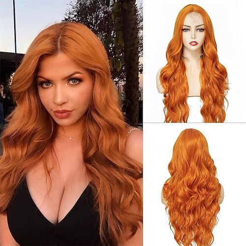 Long Orange Red Cosplay Wigs Synthetic Body Wave Wigs None Lace Heat Safe Daily