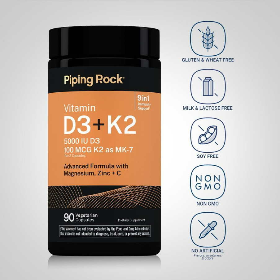 Vitamin D3 K2 5000 IU 90 Capsules MK7 Magnesium Zinc Vitamin C Non GMO Vegetaria
