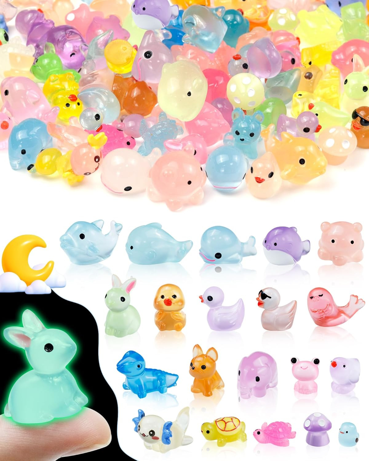 100PCS Luminous Mini Resin Animals Bulk – 20 Styles Glow in the Dark Plastic Tin