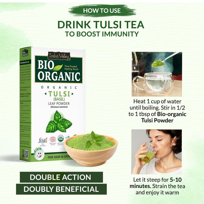 Indus Valley 100% Organic Tulsi Leaf Powder 100g / 3.52 Oz (Stress Relieving)