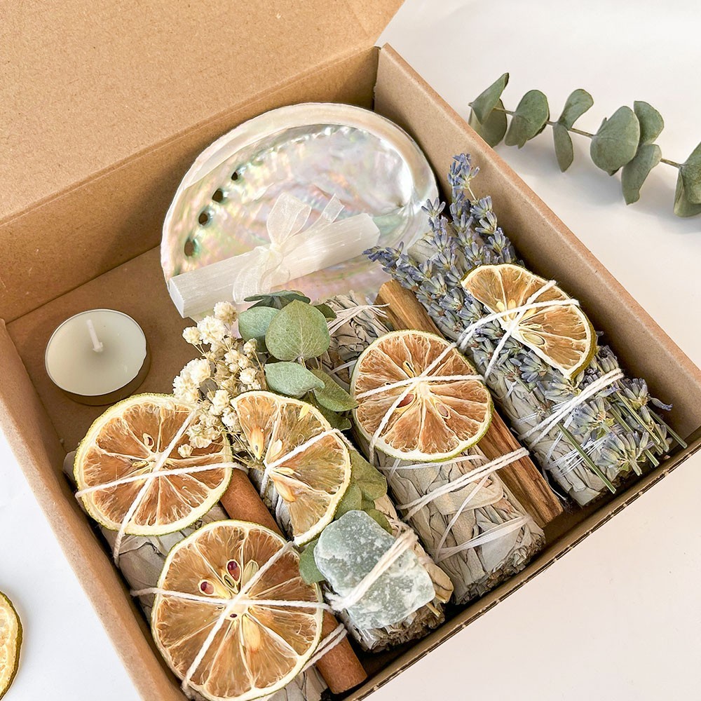 White Sage & Palo Santo Smudge Kit • Selenite Crystal • Floral Aromatic Set