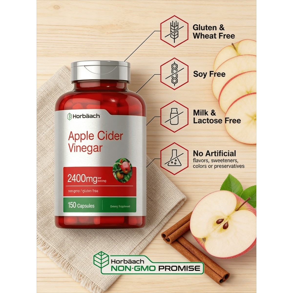 Horbäach Apple Cider Vinegar Capsules 2400mg | 150 Count | Non-GMO -Gluten Free