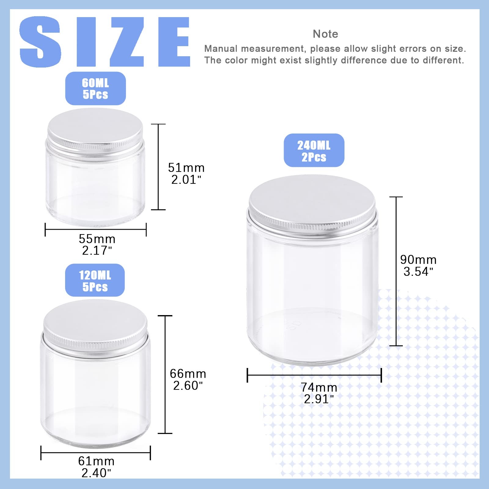 12 Pack 2oz 4oz 8oz Glass Jars with Lids Round Clear Inner Liner and Silver
