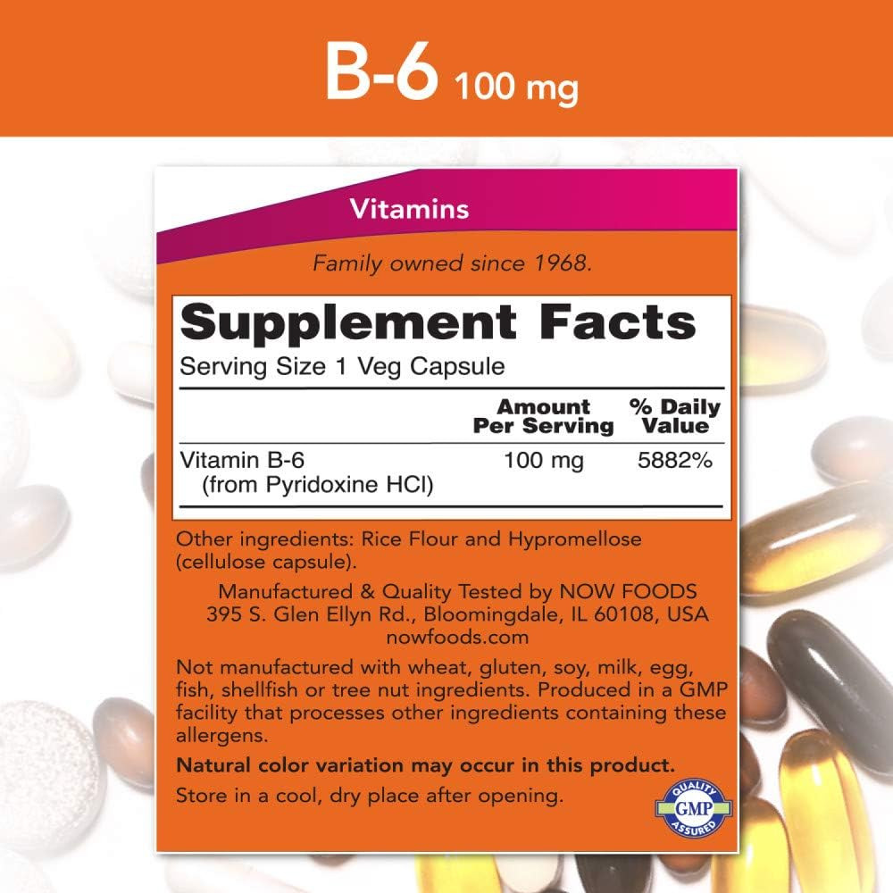 NOW Foods Vitamin B-6 (Pyridoxine Hcl) 100 Mg, Cardiovascular Health, Capsules