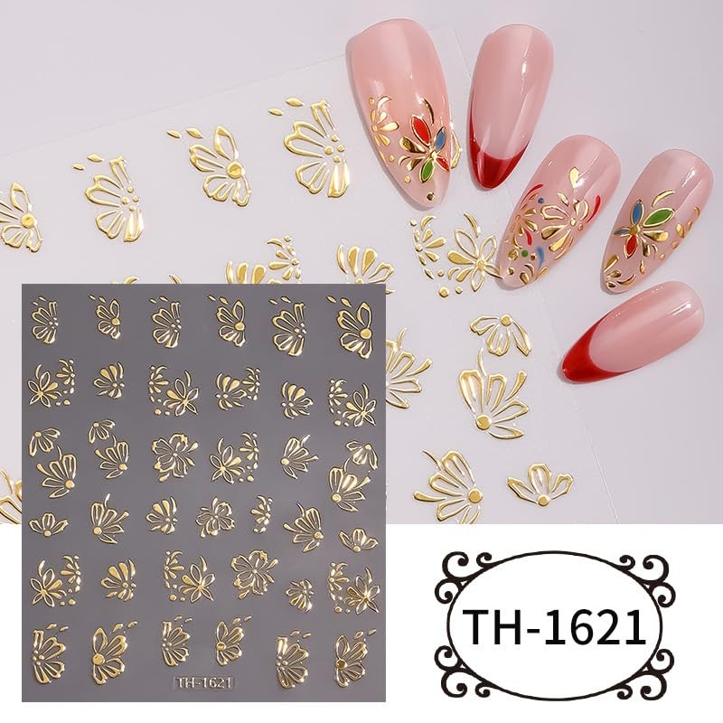 6Pcs Gold Flower Nail Stickers 3D Nail Art Stickers Spring Nail Decals Style7