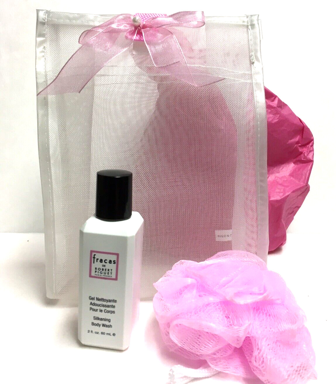 Robert Piguet Fracas Festive Gift set Silkening Body Wash 2 oz +Loufa+sheer bag