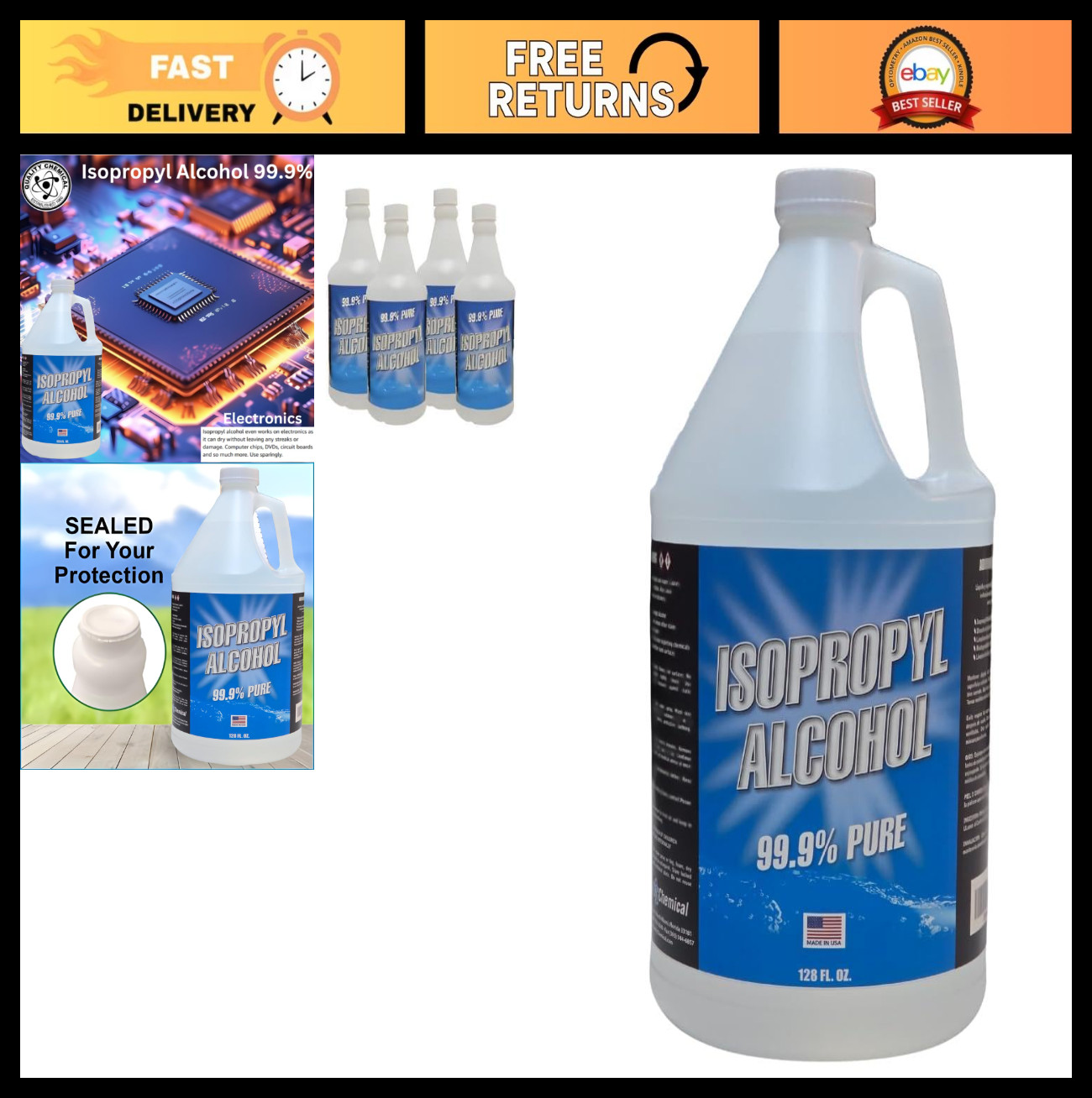 99.9% Pure Isopropyl Alcohol – Super Premium IPA – Concentrated 32oz Bottles (4