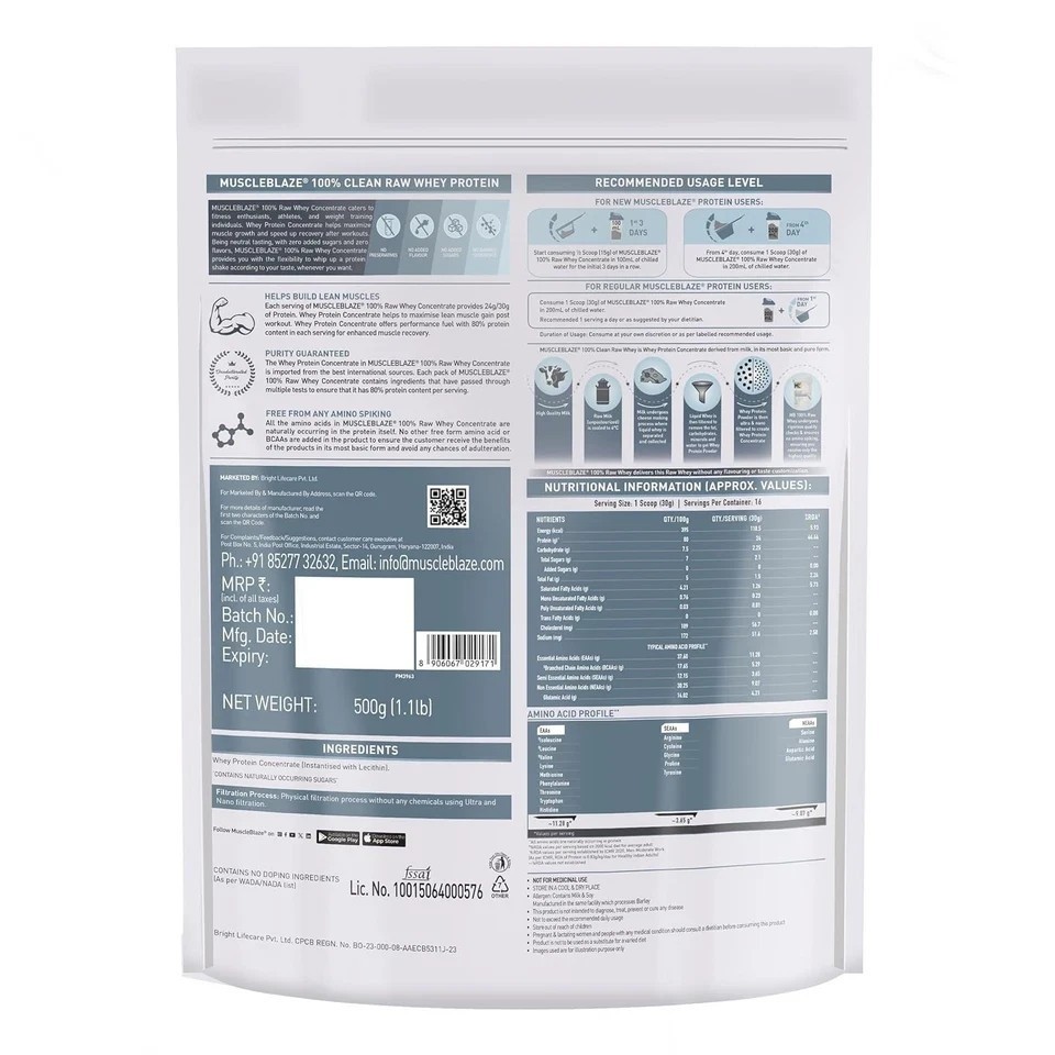 MuscleBlaze 100% Clean Raw Whey Protein Concentrate 500g Unflavoured