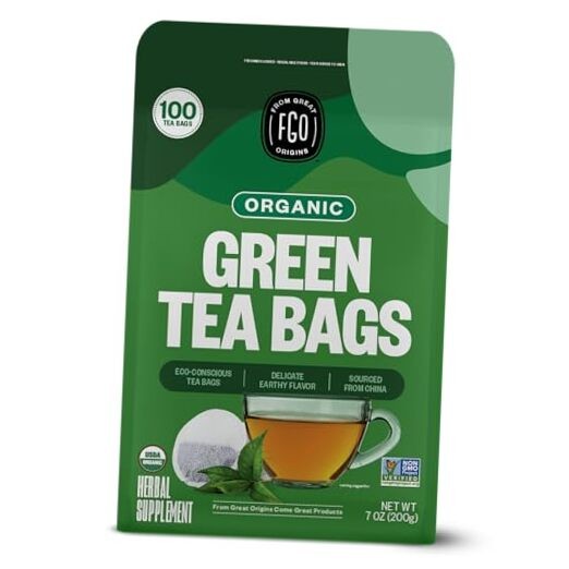 Organic Green Tea, 100 Count Eco-Conscious Tea Bags, Caffeinated, Resealable