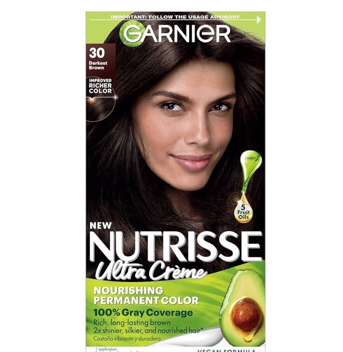 Garnier Nutrisse Nourishing Hair Color Crème. Permanent Dye. 30 Darkest Brown