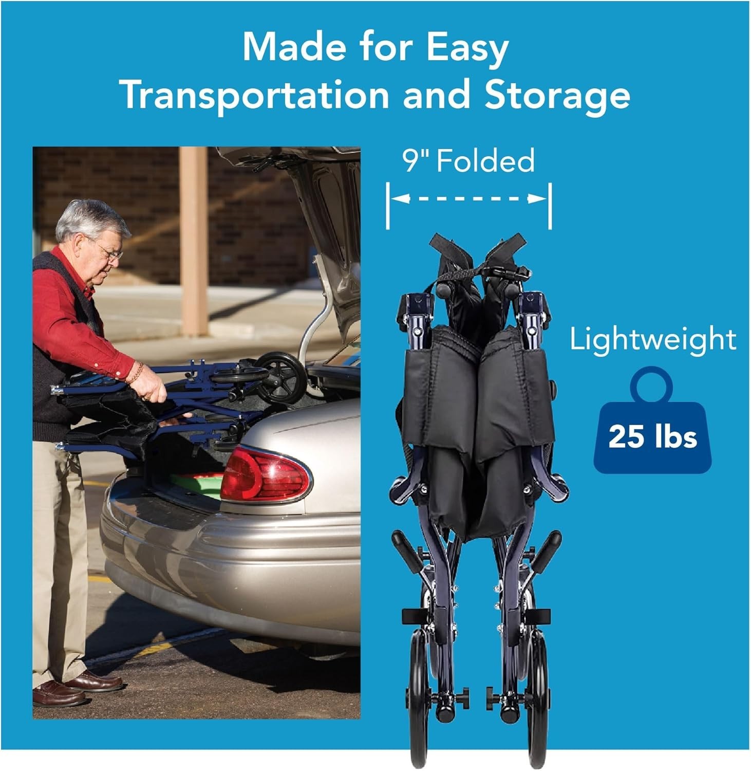 Lightweight 25 lbs Transport Wheelchair with Removable Footrests for Easy Use