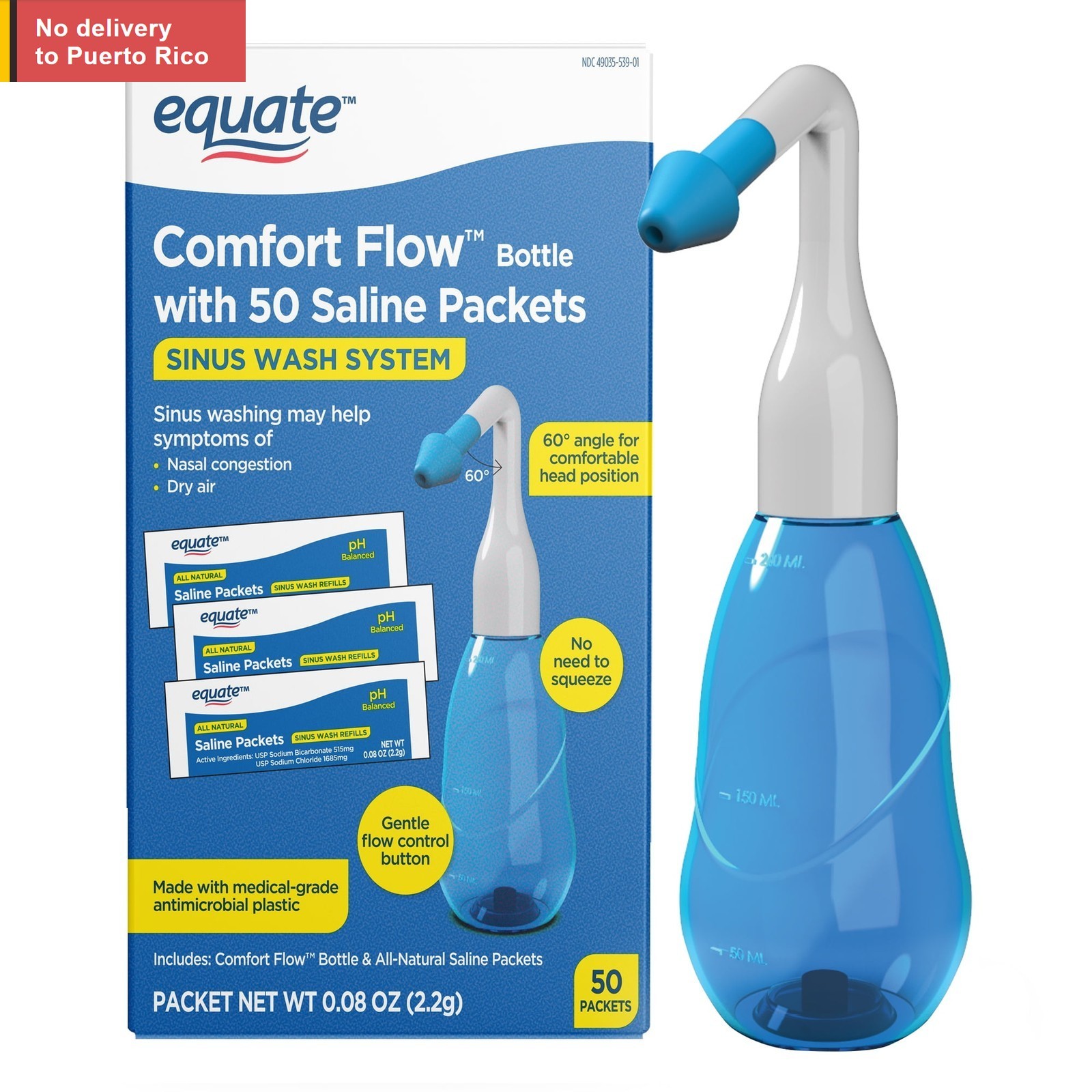 Comfort Flow Bottle Nasal Wash System for Nasal Congestion,50Saline Packets,Blue