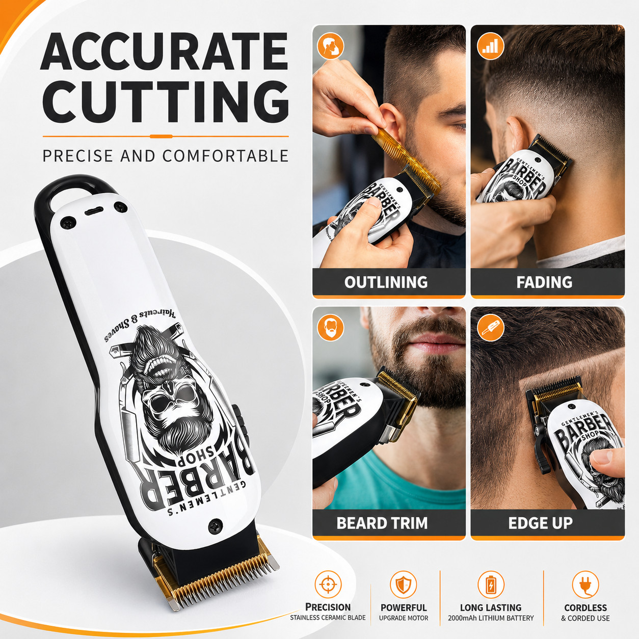 Vetmor® Professional Cordless Hair Clippers Kit Ceramic T-Blade 6 Combs White