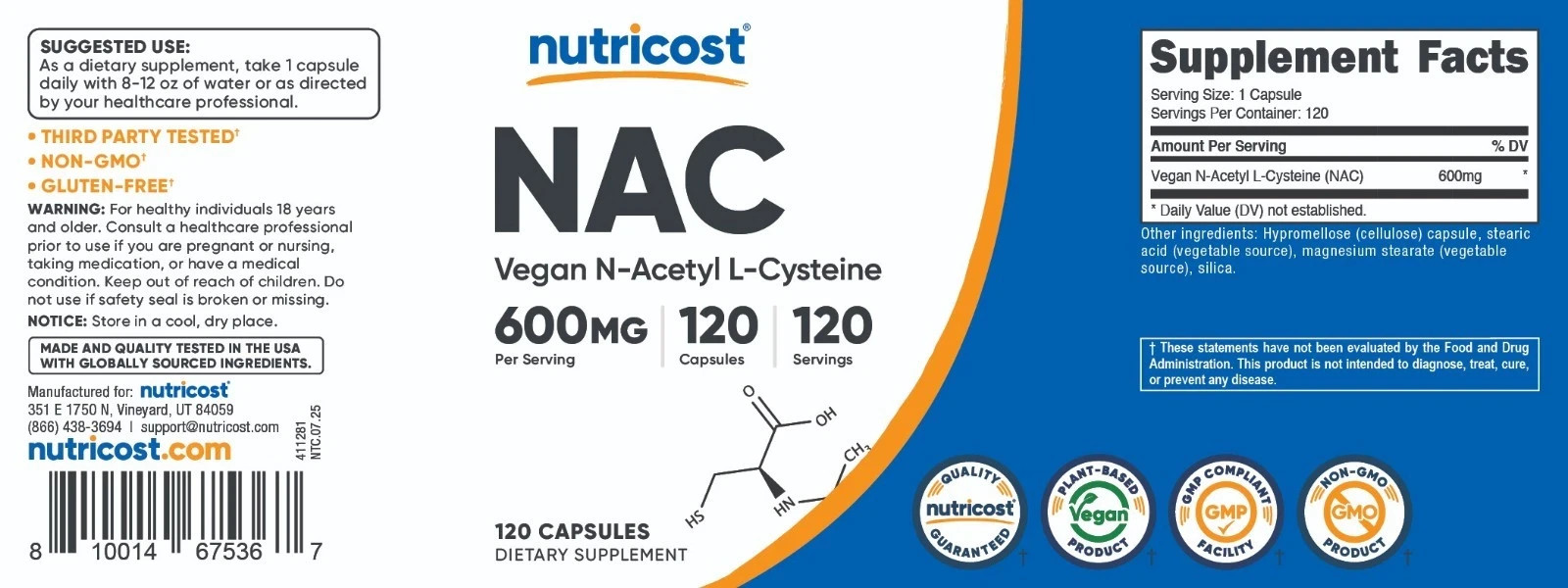 Nutricost N-Acetyl L-Cysteine (NAC) 600mg, 120 Vegan Capsules – Non-GMO New