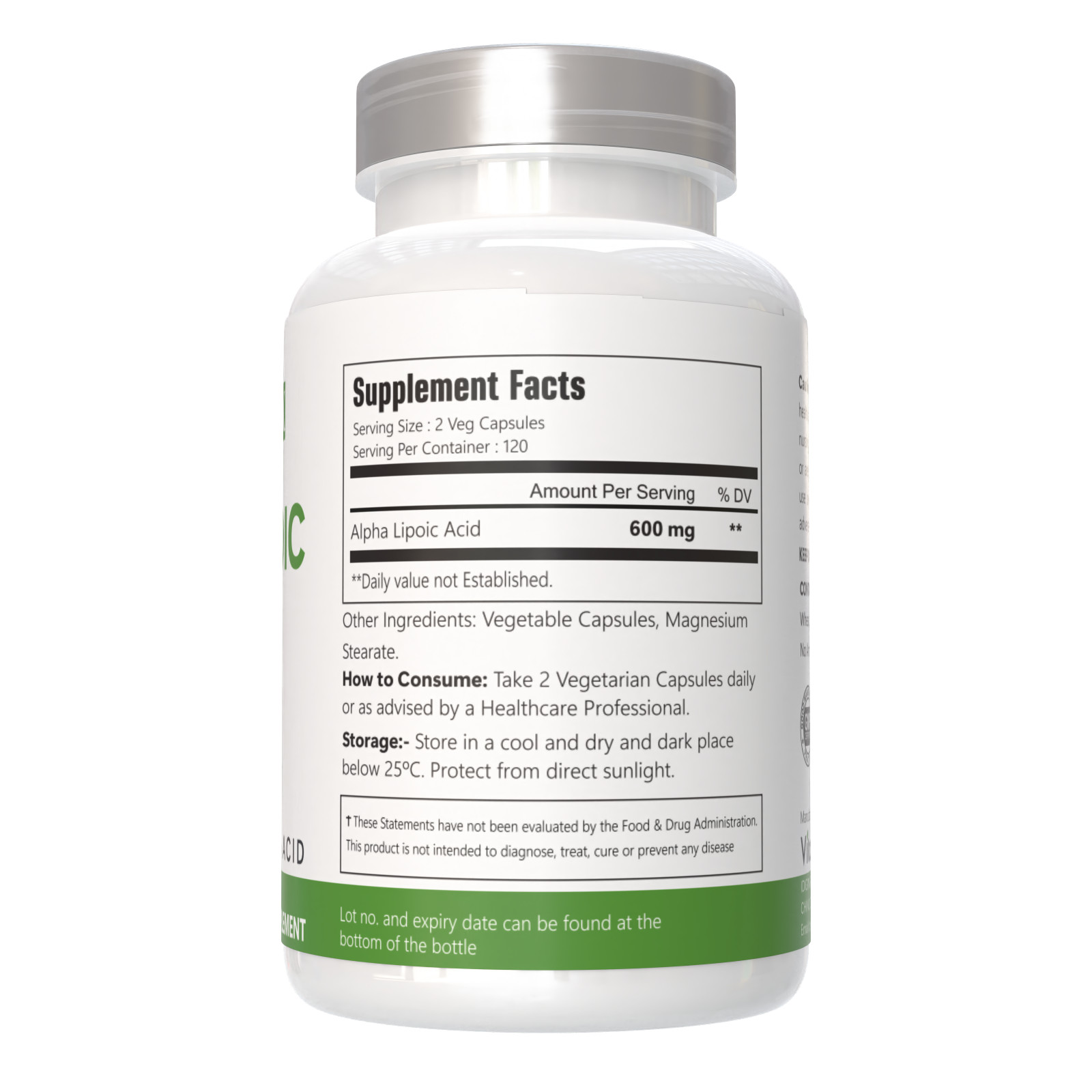 VitaCosmoX Alpha Lipoic Acid (ALA) 600mg Per Serv 240 Vegetable Caps Antioxidant