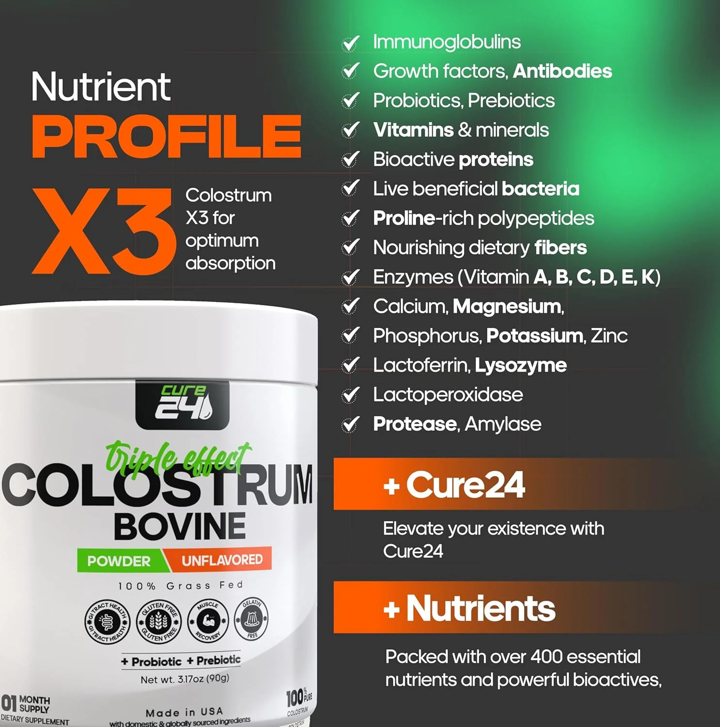 Bovine Colostrum X3 Supplement Powder for Humans, 100% Pure Whole Natural Grass