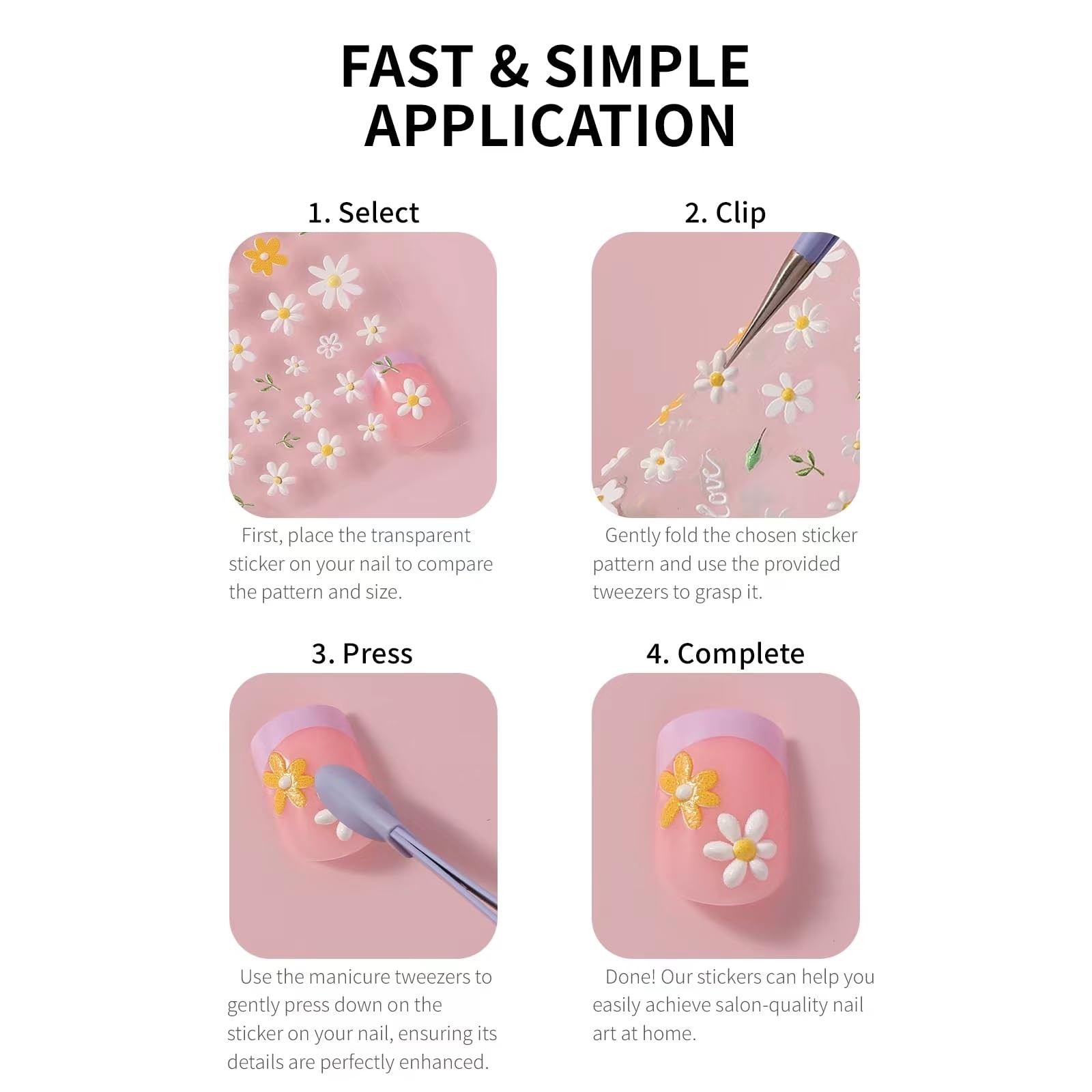 HAIIDOAK Nail Stickers, 4 Sheets Floral 5D Embossed, Self-Adhesive for DIY