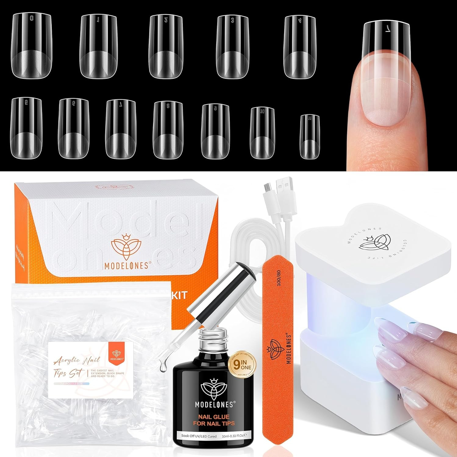 Nail Gel Kit Kit Short Square, 9-in-One Nail Glue with Portable U V Lamp 216Pcs
