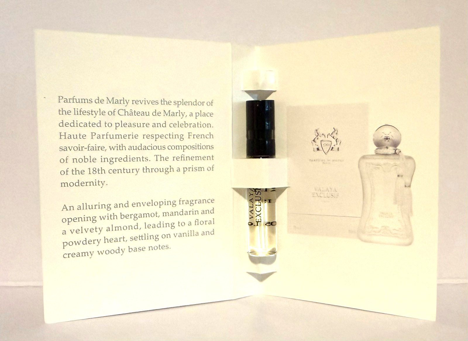 PDM Parfums De Marly VALAYA EXCLUSIF PARFUM Official Carded Sample Cologne 1.5ml