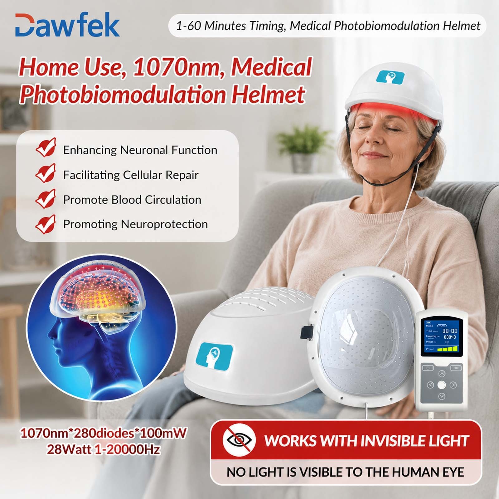 1070nm Transcranial NIR Light Helmet 1-60 Minutes Timer for Anxiety Stroke OCD