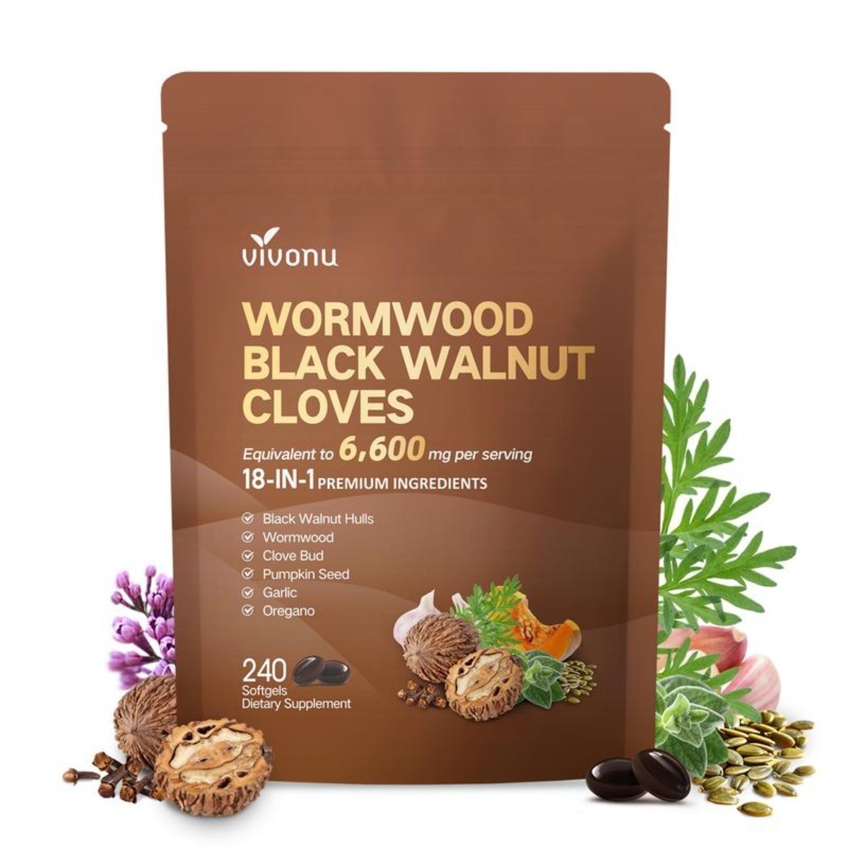 VivoNu Wormwood Black Walnut Cloves Capsules,Natural Cleanse&Metabolism Support