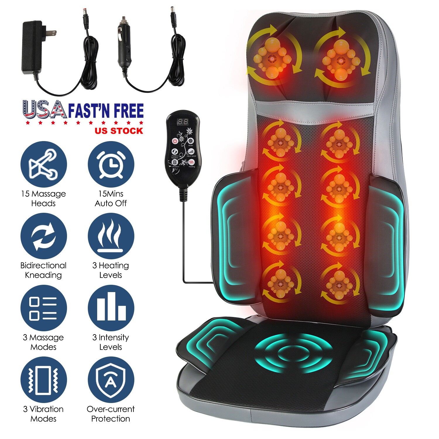 36W Shiatsu Neck Back Massager with Heat 3D Kneading Massage Chair Seat Cushion