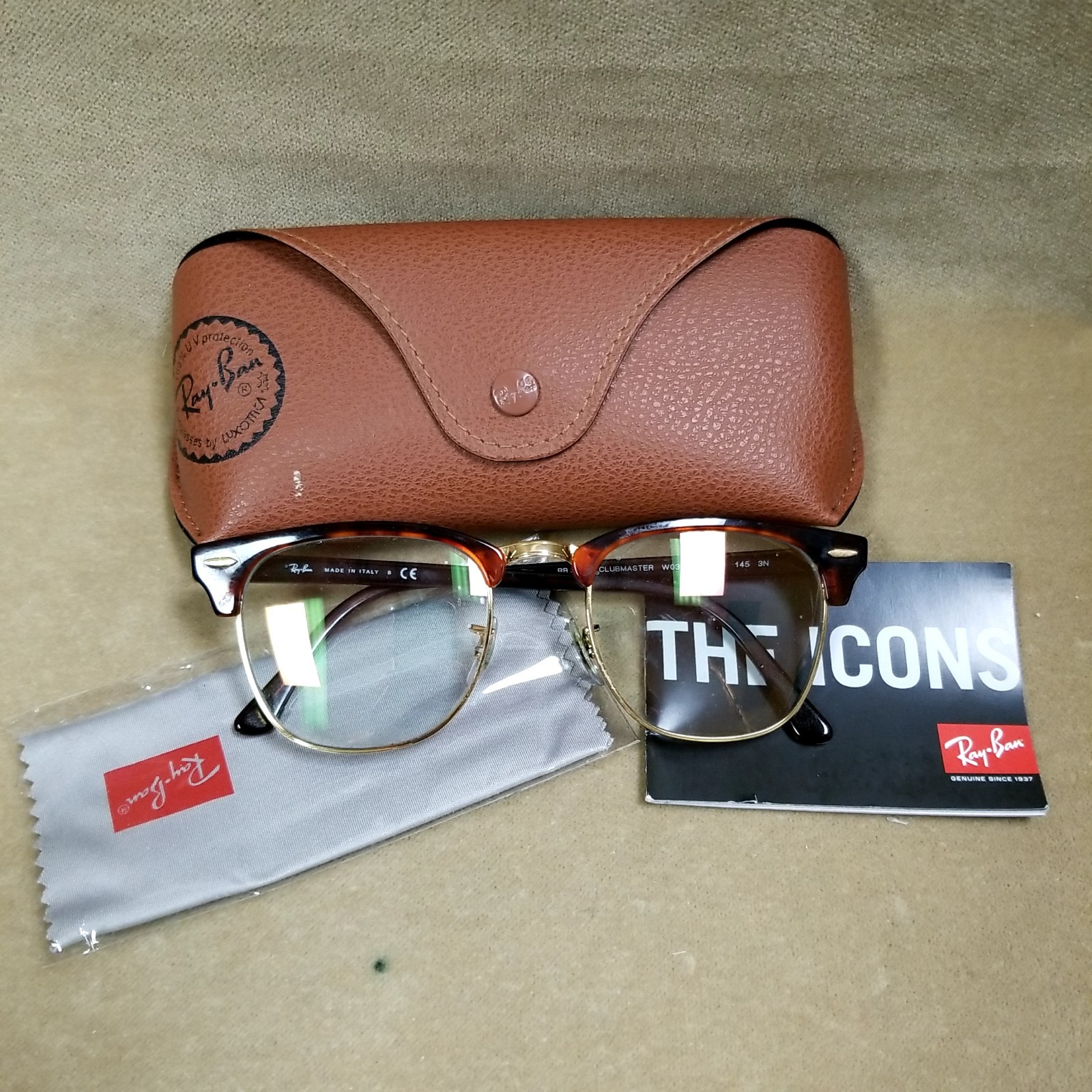 Ray-Ban RB3016 Clubmaster Brown Tortoise + Gold Glasses W/Branded Case 51-21-145