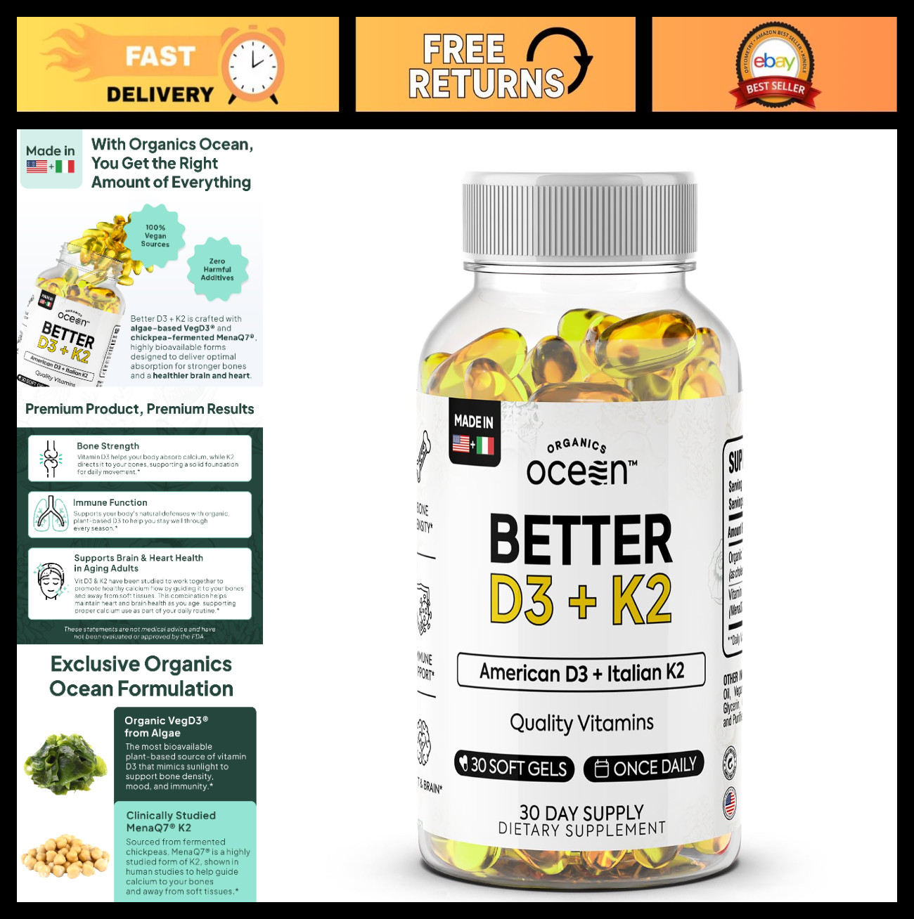 Organic Vitamin D3 + K2 Supplements – Boost Bone Density, Immunity & Mood – 30-D