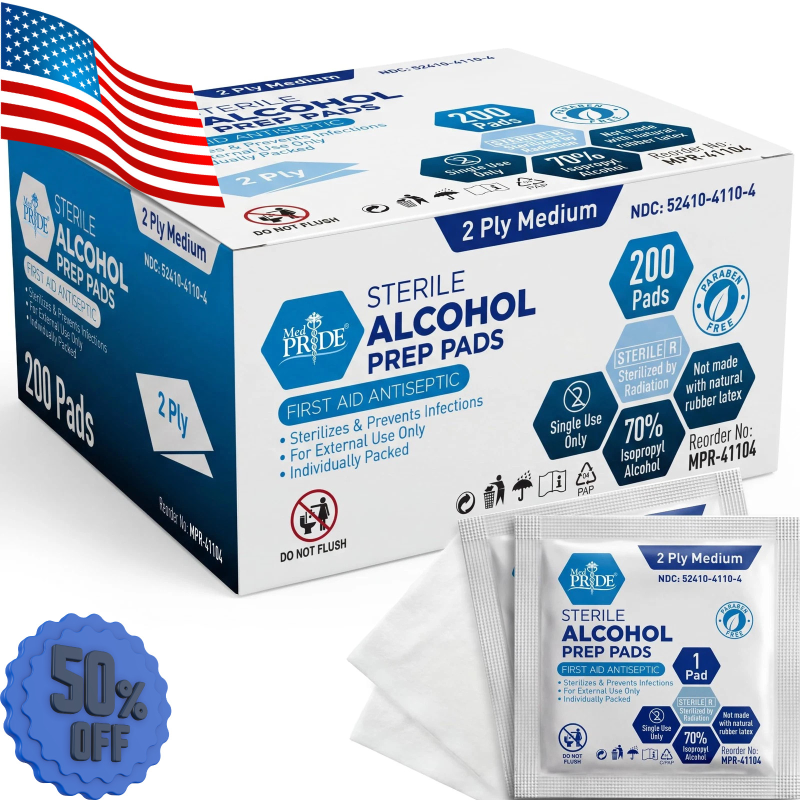 MED PRIDE Sterile Alcohol Prep Pads 70% Isopropyl 2 Ply 200 Count Pack