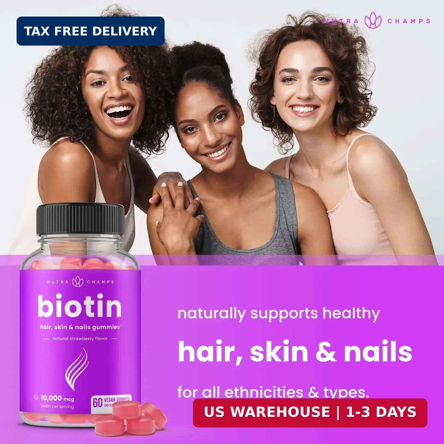 NutraChamps Biotin Gummies 10000mcg [High Potency] for Healthy Hair, Skin & Nail