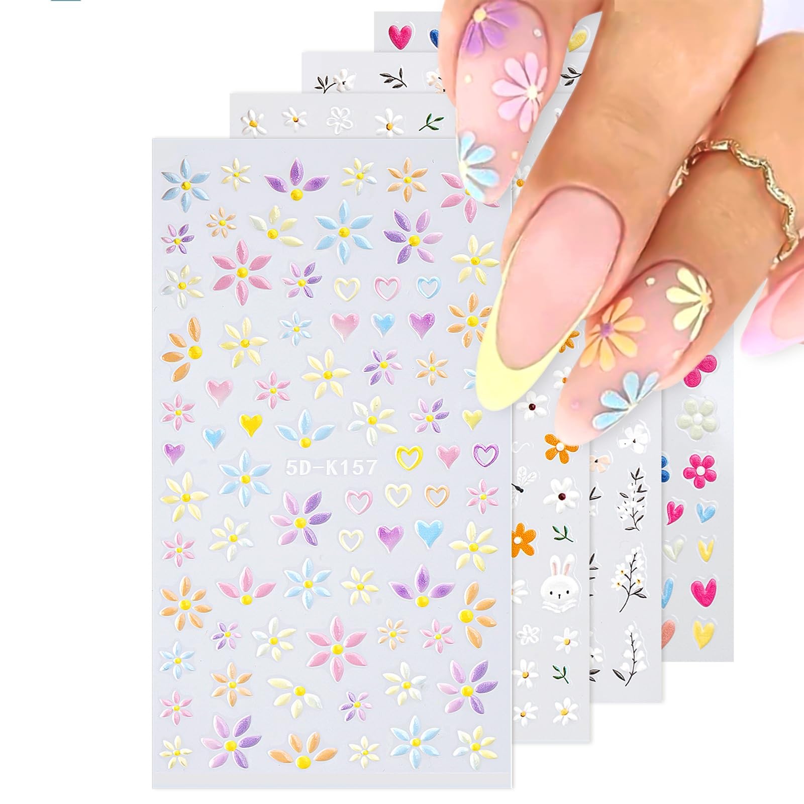 HAIIDOAK Nail Stickers, 4 Sheets Floral 5D Embossed, Self-Adhesive for DIY